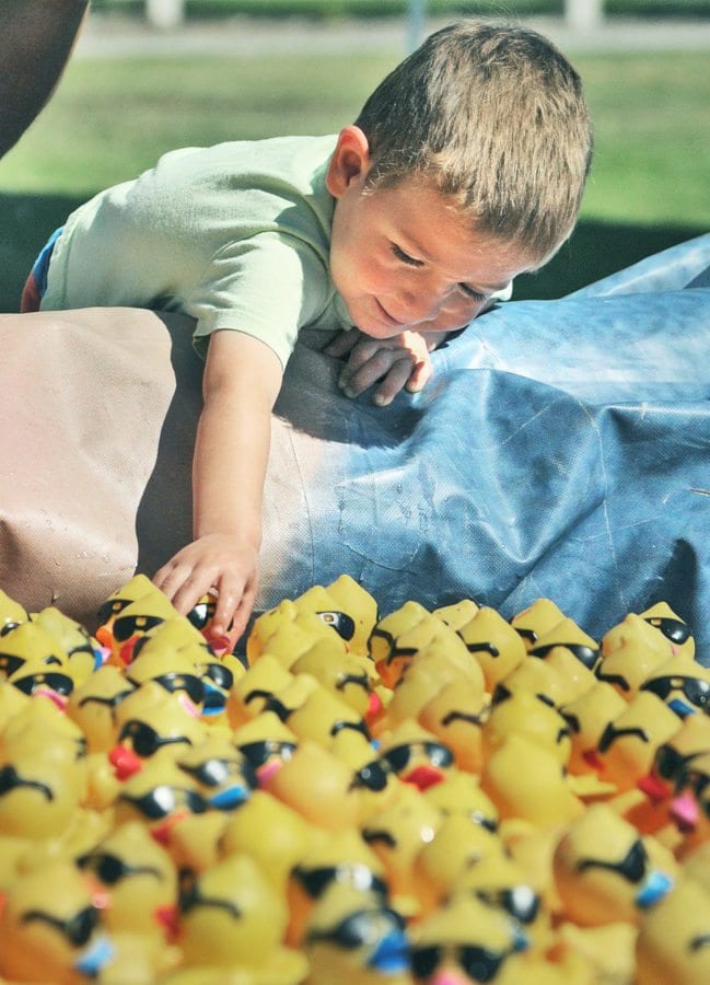 Maxwell DelVecchio, 2, picks out a duck in the holding pond before the first race at 14th Annual Rubber Ducky Festival to benefit the Samuel Dixon Family Health Center held at Bridgeport Park in Valencia on Saturday. Dan Watson/The Signal