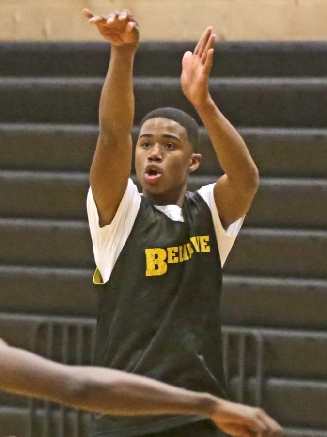 Golden Valley's Brandon Wilson puts up a jump shot during a drill at boys varisty practice at Golden Valley on Monday. Katharine Lotze/Signal