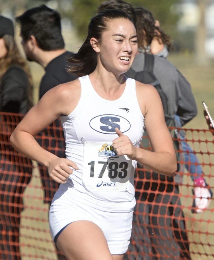 Saugus' Kaylee Thompson competes in Division 2 at the CIF Southern Section championships at Riverside City Cross Country Course.  Dan Watson /The Signal