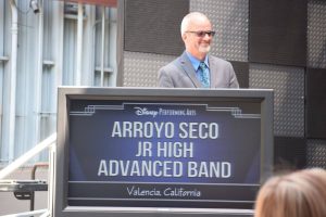 Band instructor Rod Bennett at Arroyo Seco Junior High School band podium, spring 2016. Courtesy of Valerie Pryor