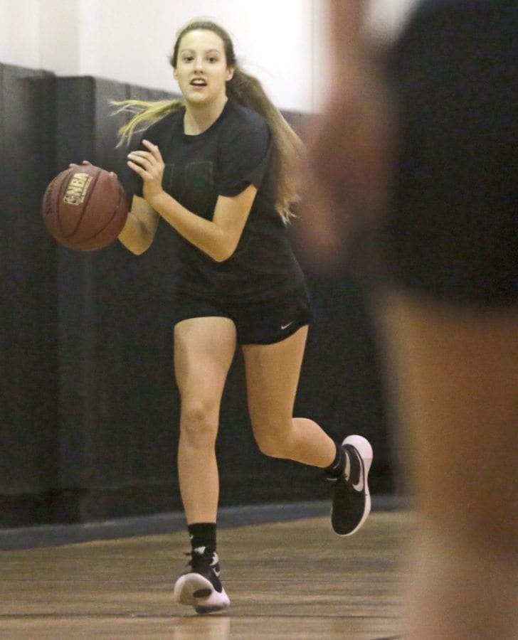 Santa Clarita Christian's Aaronya Crosswhite dribbles down the court during Wednesday's practice. Katharine Lotze/Signal