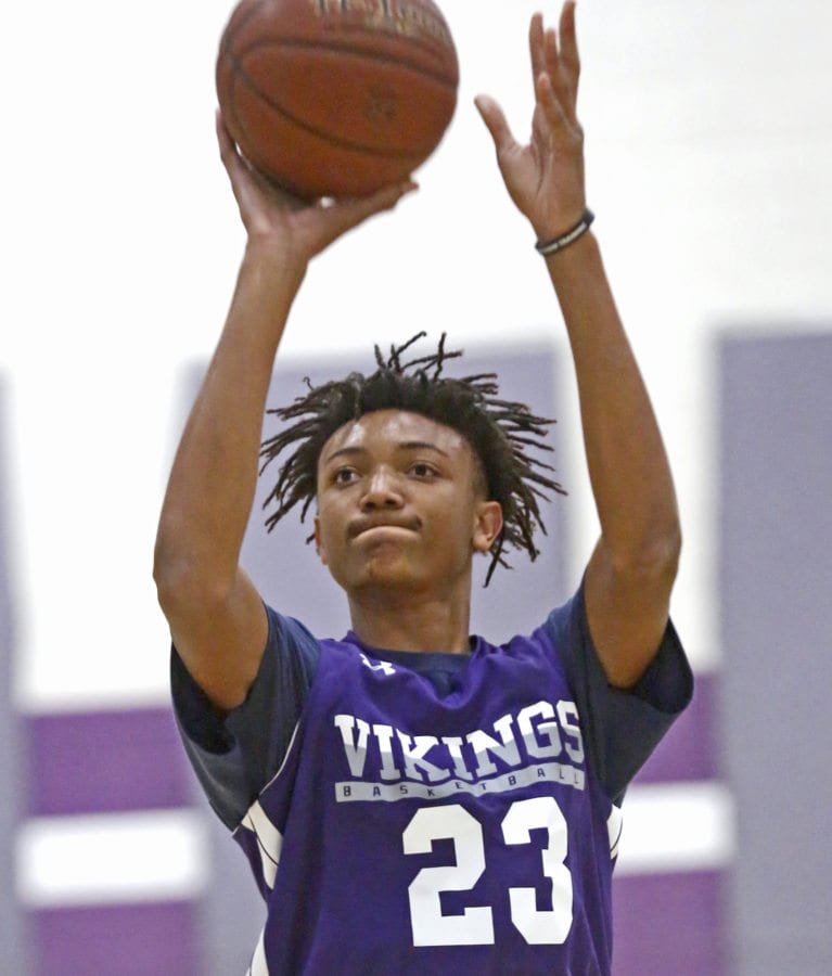 Valencia's Jayden Trower puts up a shot during the Vikings' practice on Monday. Katharine Lotze/Signal