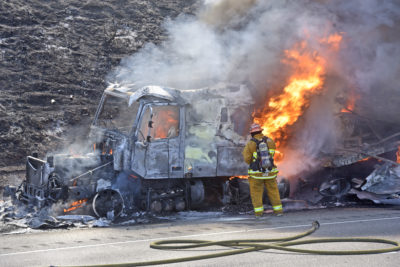 UPDATE: FedEx truck fire sparks brush fire near Lake Hughes Road