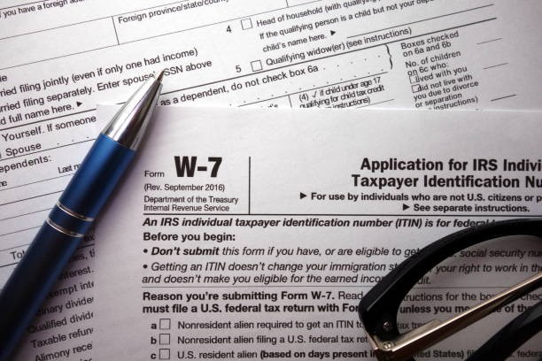 W-7 irs federal tax form closeup W-7 irs federal tax form closeup, finance concept itin tax stock pictures, royalty-free photos & images