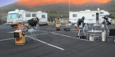The Local Group Astronomy Club arrives early to set up telescopes for night viewing at Chuchupate in Lockwood Valley.