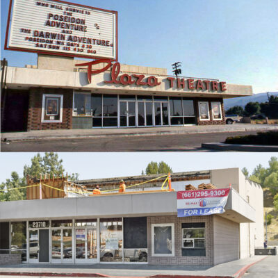 The top photo, courtesy of SCVHistory.com, shows the Plaza Theatre during its heyday in 1973. The same building Friday, shortly before its scheduled demolition. Dan Watson /The Signal