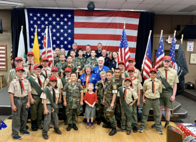 Lodge officers and honorees, including State President Ted Talbot and wife Jeanne, Young Marines and Boy Scout Troup 583 all participated in honoring the American flag and its origins at Santa Clarita Elks Lodge 2379 on June 9, 2023. Courtesy photo.