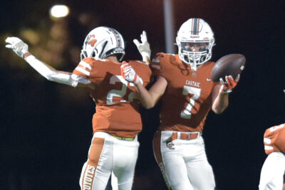 Castaic teammates Ethan Zischke (22) and Gage Gibson (7) celebrate after Gibson scored for Castaic against Golden Valley at Valencia High on Thursday, 091423. Dan Watson/The Signal