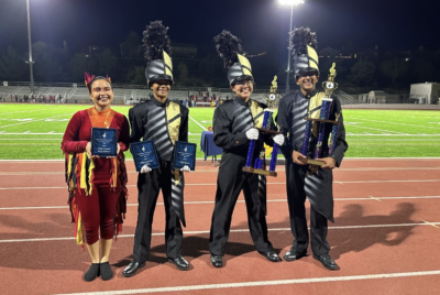 From left: Color guard Captain Maribel Nunez, Drum Major Aaliyah Lyons-Moore, Drum Major Victoria Perez and Percussion Captain Rishik Pulipaka. Courtesy photo.
