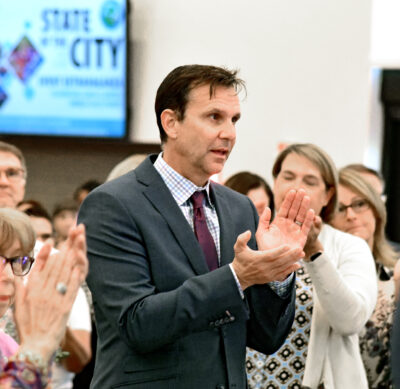 Mayor Pro Tem Cameron Smyth applauds after the signing of the National Anthem during the State of the City Extravaganza held at the Canyon Country Community Center on Thursday, 102623. Dan Watson/The Signal