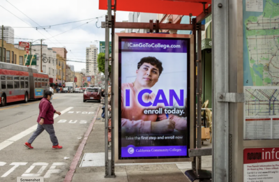 A community college advertisement at a bus stop in San Francisco on July 27, 2023. Photo by Semantha Norris, CalMatters