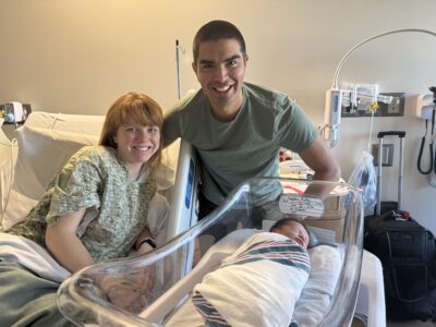Erica and Alejandro Roldan with their newborn boy, Camden, at Henry Mayo Newhall Hospital on Monday. Camden was the first baby born at the hospital in 2024. Tyler Wainfeld/The Signal.