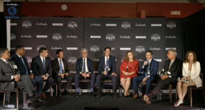 Candidates for the office of Los Angeles County District Attorney participated in a debate streamed live on YouTube by Los Angeles Magazine. Screenshot.