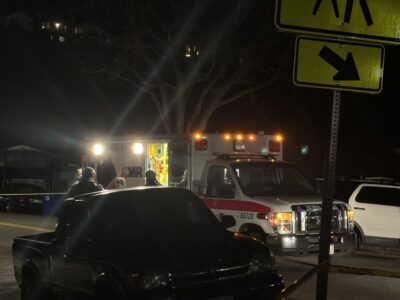 The suspect is transported from the scene via ambulance at the conclusion of the standoff on Thursday, Feb. 1, 2024. Tyler Wainfeld/The Signal.