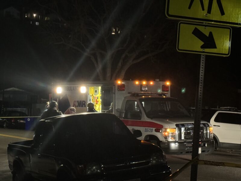 The suspect is transported from the scene via ambulance at the conclusion of the standoff on Thursday, Feb. 1, 2024. Tyler Wainfeld/The Signal.