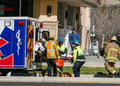 Two people were transported to a local hospital after a traffic collision that took place at the intersection of Bridgeview Lane and Newhall Ranch Road on Thursday. Katherine Quezada/The Signal