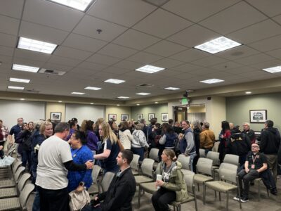 A cohort of Hart district teachers attended Wednesday's governing board meeting to show their displeasure over the current status of contract negotiations. They proceeded to walk out of the meeting in unison. Tyler Wainfeld/The Signal.