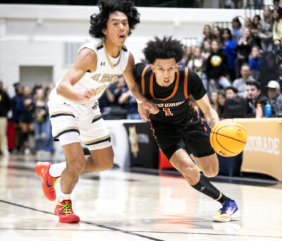 Castaic shooting guard Giovanni Valentin (1) dribbles the ball against El Segundo junior Darreson Naruse (3) during the fourth quarter of Friday's CIF Southern Section Championship on Friday, Feb. 23. at Azusa Pacific University. Habeba Mostafa/ The Signal