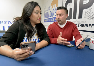 Candidate for State Senate Suzette Valladares, left, and candidate for Assembly Patrick Lee Gipson make last minute campaign phone calls at their headquarters in Valencia on Tuesday, 030524. Dan Watson/The Signal