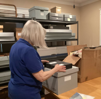 Susanna Clark, a member of the Alliklik Chapter, National Society Daughters of the American Revolution, works on the archive project at the Rancho Camulos Museum. Courtesy photo. 