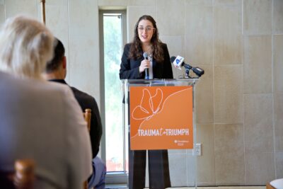 Mia Tretta speaking at Providence Holy Cross trauma center celebration. Courtesy photo.