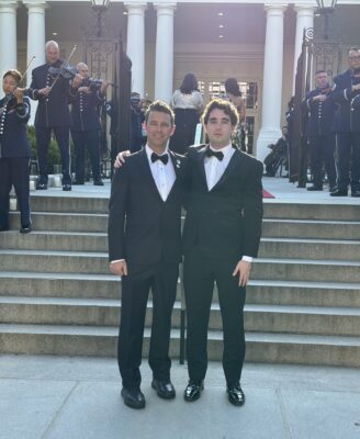 Valencia High School teacher Casey Cuny (left) with his son, Dylan, outside the White House before the "Teachers of the Year" State Dinner. Courtesy photo.
