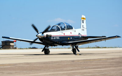 A T6-A Texan II taxis down the flight line at Laughlin Air Force Base, Texas, in this Air Force file photo taken Sept. 29, 2023. U.S. Air Force photo by Airman 1st Class Keira Rossman.