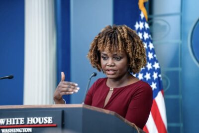 White House Press Secretary Karine Jean-Pierre speaks to the media during a press briefing at the White House in Washington on April 15, 2024. Photo by Madalina Vasiliu. 