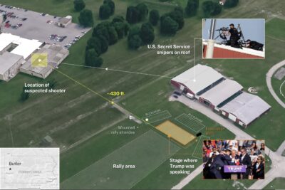 A photo illustration shows the scene of the assassination attempt on former President Donald Trump on Saturday, July 13, 2024. Illustration by The Epoch Times, created with AP Photos, Shutterstock, Google Earth.