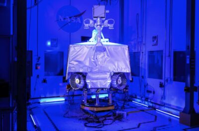 NASA’s VIPER – short for the Volatiles Investigating Polar Exploration Rover – sits assembled inside the cleanroom at the agency’s Johnson Space Center. Photo courtesy of NASA.