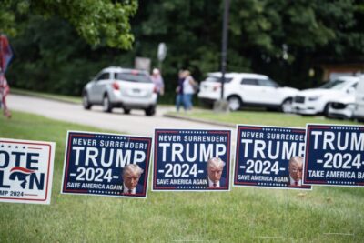 Trump signs outside Middletown High School ahead of Republican vice president nominee Sen. J.D. Vance's, R-Ohio, rally in Middletown, Ohio, on July 22, 2024. Photo by Madalina Vasiliu.