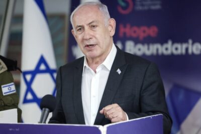 Israeli Prime Minister Benjamin Netanyahu speaks during a press conference at the Sheba Tel-HaShomer Medical Centre, in Ramat Gan, Israel, on June 8, 2024. Pool photo by Jack Guez/Getty Images. 