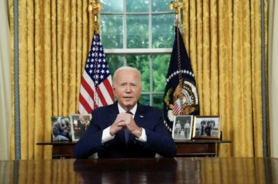 President Joe Biden delivers an address to the nation from the Oval Office of the White House in Washington on July 24, 2024. Pool photo by Erin Schaff/Getty Images.