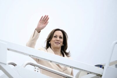 Vice President Kamala Harris arrives to board Air Force Two at Joint Base Andrews in Maryland, on July 24, 2024. Pool photo by Brendan Smialowski/AFP via Getty Images.
