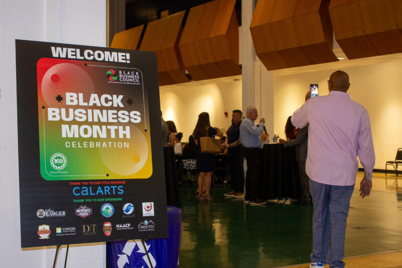 A sign directs attendees to the 2024 Black Business Month Celebration Wednesday night at the California Institue of the Arts on Aug. 7, 2024. Trisha Anas/ The Signal.