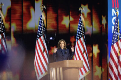 Democratic presidential nominee and Vice President Kamala Harris speaks at the 2024 Democratic National Convention held in Chicago on Aug. 22, 2024. Photo by John Fredricks. 