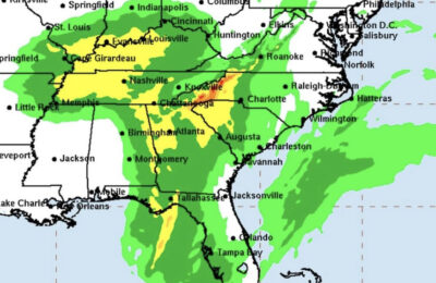 A map provided Thursday, Sept. 26, 2024, shows the rainfall forecast across the southern United States. The orange and red areas are where the most rain is slated to fall. National Hurricane Center