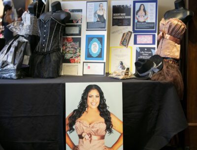 Bras that were designed for models to walk in later in the night were displayed alongside an auction display at Bras for a Cause at the Hyatt Regency Valencia on Saturday, Sept. 28. Habeba Mostafa/ The Signal