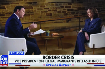 Fox News anchor Bret Baier interviews Vice President Kamala Harris in Washington Crossing, Pennsylvania, in an interview aired on Oct. 16. Courtesy of Fox News