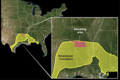 The Smackover Formation in southwest Arkansas, the area in the red-shaded sampling area within the inset, contains between 5 and 19 million metric tons of lithium, according to a study by the United States Geological Survey (USGS) and Arkansas Department of Energy and Environment. Image: United States Geological Survey