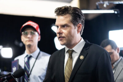 Rep. Matt Gaetz (R-Fla.) speaks to reporters at the Pennsylvania Convention Center in Philadelphia on Sept. 10, 2024. Photo by Madalina Vasiliu.
