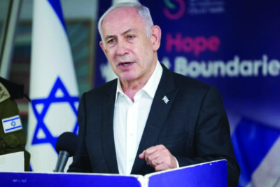 Israeli Prime Minister Benjamin Netanyahu speaks during a press conference at the Sheba Tel-HaShomer Medical Centre, in Ramat Gan, Israel, on June 8, 2024. Pool photo by Jack Guez/Getty Images. 