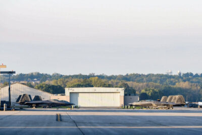 F-22 Raptors sit on the ramp of Wright-Patterson Air Force Base, Ohio, on Oct. 9, 2018. Wesley Farnsworth/U.S. Air Force photo