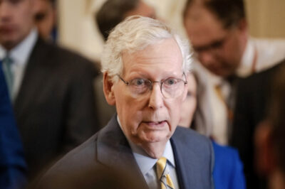 Sen. Mitch McConnell (R-Ky.) speaks during the weekly Senate presser in the U.S. Capitol building in Washington on July 9, 2024. Photo by Madalina Vasiliu.