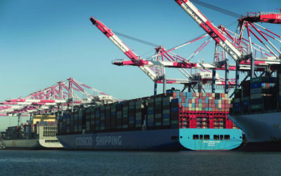 Ships sit at the pier at the Port of Long Beach, Calif., as U.S. Customs and Border Protection, Air and Marine Operations marine interdiction agents patrol the port aboard a CBP SAFE Boat Feb. 7, 2022. CBP Photo by Glenn Fawcett