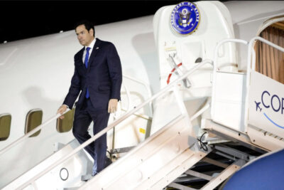 U.S. Secretary of State Marco Rubio deplanes at the international airport in Panama City on Feb. 1, 2025. Pool photo by Mark Schiefelbein/AFP via Getty Images