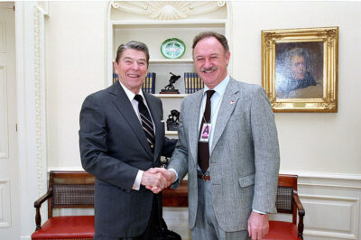 Gene Hackman (right) with President Ronald Reagan at the White House on Feb. 6, 1987. Photo from the White House Photographic Collection.