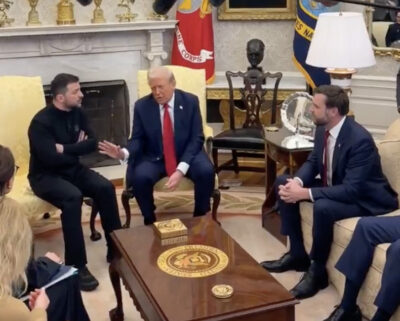 From left: Ukrainian President Volodymyr Zelensky, President Donald Trump and Vice Presidentt JD Vance meet in the Oval Office at the White House on Feb. 28, 2025. White House video screenshot via X.