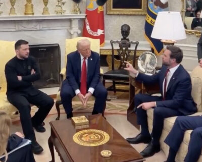 From left: Ukrainian President Volodymyr Zelenskyy, President Donald Trump and Vice Presidentt JD Vance meet in the Oval Office at the White House on Feb. 28, 2025. White House video screenshot via X.