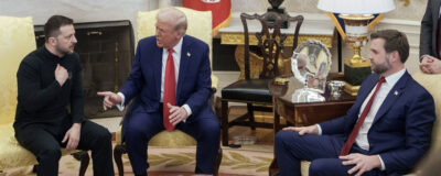 From left: Ukrainian President Volodymyr Zelenskyy, President Donald Trump and Vice Presidentt JD Vance meet in the Oval Office at the White House on Feb. 28, 2025. White House photo via X.